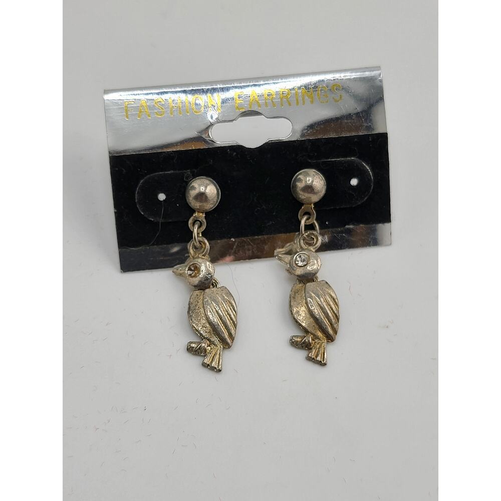 Vintage Bird Dangle Earrings Rhinestone Eyes Novelty Korea